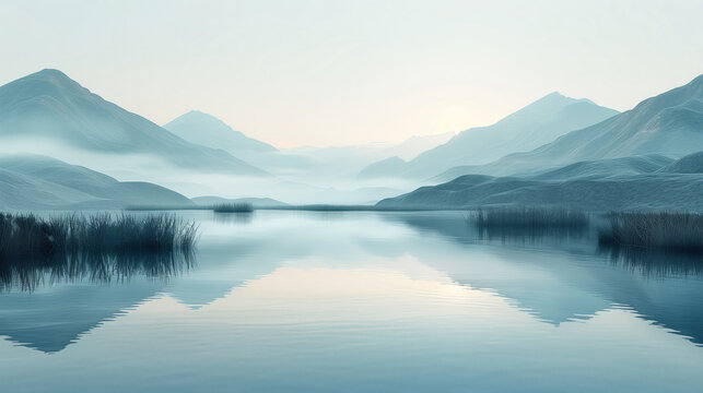 Calm mountain landscape with reflection in the lake at dawn. Foggy morning on the lake with a view of the misty mountains.