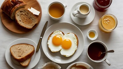 Obraz na płótnie Canvas Morning Nutrition Boost: Egg, Bread, Jam, Butter, Milk, Honey, Coffee Mug, and Glass Arranged on White Background