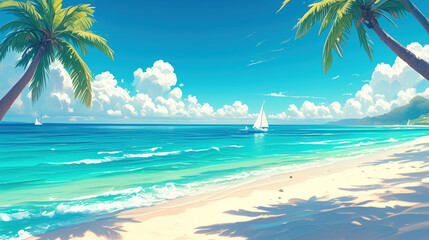 Illustration with seascape, white sand and green palm trees.