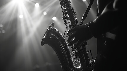 a skilled musician playing a saxophone. The saxophonist’s hands deftly navigate the instrument’s keys, creating soulful melodies. - obrazy, fototapety, plakaty