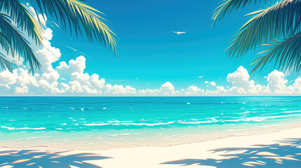 Tropical beach with bright blue sea and white sand