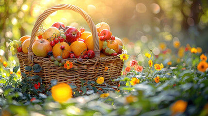 A picnic basket overflowing with fresh fruits. Healthy eating concept, generative ai - 787526033