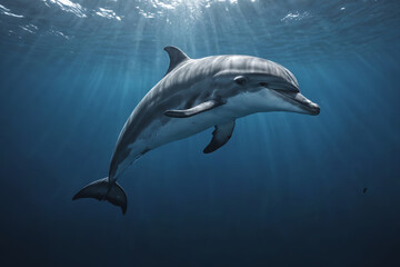 A captivating depiction of aquatic life, featuring a dolphin gracefully navigating through water.