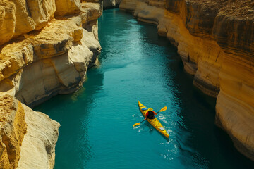 Top view of a solo kayaker navigating through crystal-clear turquoise waters, bordered by rugged...