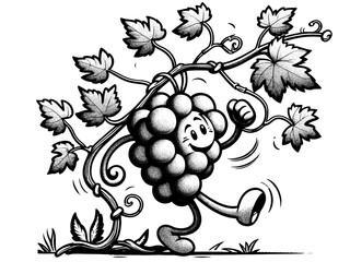 vintage line art Simple, funny cartoon animation grape vine walks merrily. Raster, generative ai.