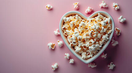Fototapeta na wymiar A heart-shaped bowl filled with popped popcorn on a pink background.