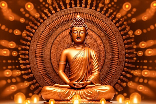 A gold statue of a Buddha is sitting on a table.