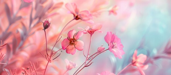 Soft style abstract floral background featuring pink flowers on pastel colors, ideal for spring or summer. Banner backdrop with space for text.