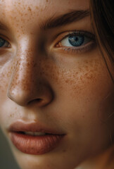 A close-up portrait of a young woman with vivid blue eyes and a freckled face, her gaze intense and full of narrative.