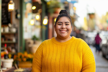 Naklejka premium A radiant woman in a sunny yellow sweater beams with joy on a bustling city street, her upbeat presence as warm as her attire.