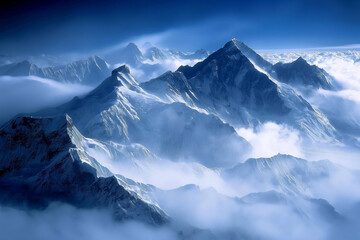 Majestic mountain peaks soar into a misty sky, creating an enigmatic and otherworldly alpine landscape, bathed in ethereal blue tones.