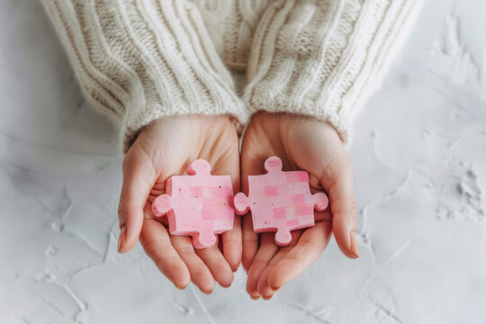 two pink puzzle pieces held in hands symbolizing connection and teamwork