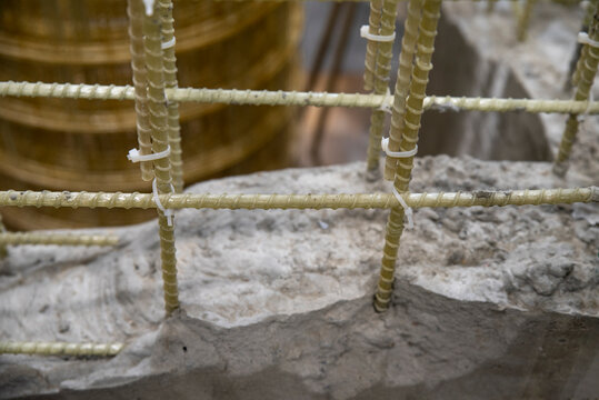 Fiberglass reinforcement armature in the foundation close up