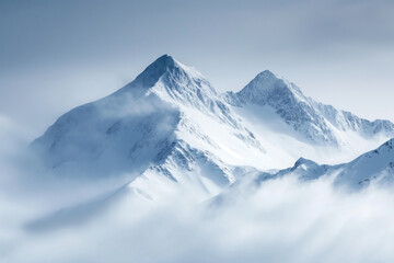 Obraz premium Snow-capped peaks rise majestically through a blanket of clouds, creating an ethereal mountain landscape wrapped in mist.