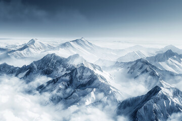 Snow-capped peaks rise majestically through a blanket of clouds, creating an ethereal mountain landscape wrapped in mist. - Powered by Adobe
