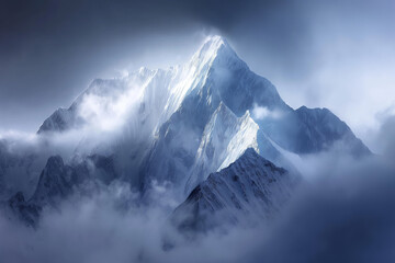 Majestic mountain peaks soar into a misty sky, creating an enigmatic and otherworldly alpine...