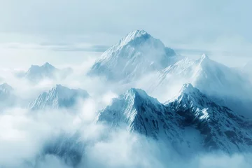 Foto op Aluminium Snow-capped peaks rise majestically through a blanket of clouds, creating an ethereal mountain landscape wrapped in mist. © Darya