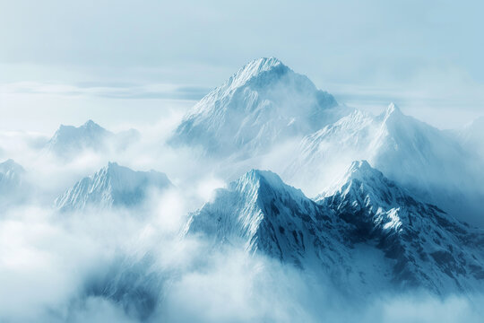 Snow-capped peaks rise majestically through a blanket of clouds, creating an ethereal mountain landscape wrapped in mist.