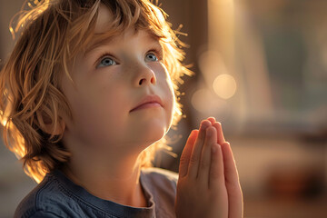 A young boy praying to god with his hands together - 787527017