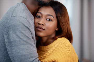 Love, hug and portrait of black couple in home with support, trust and kindness in apartment...