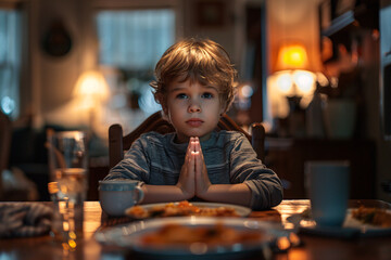 A young boy praying at the dinner table, blessing the food concept - 787527217