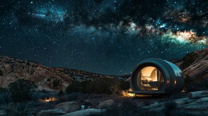 A minimalist yet inviting pod tucked away in a remote wilderness offering unmatched views of the starry night and the chance to fall asleep under a blanket of stars. 2d flat cartoon.