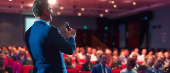 Engaged Speaker Giving a Presentation at a Business Conference in Front of an Attentive Audience