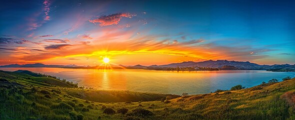 Panoramic Sunset View Over a Serene Lake with Majestic Mountains and Lush Greenery