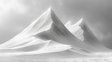 Minimalistic landscape with white mountains on a monochrome background.  Graphic design of mountains in minimalist style.