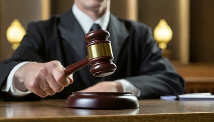 Judge slamming the Gavel - Making Judgement - Ending the Court Process - Judge sitting at Courtroom Table