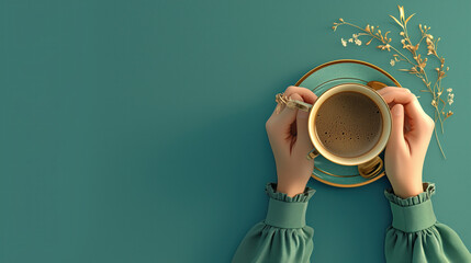 Female hands hold a cup of coffee on the background of a mint green table with yellow flowers.