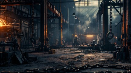 Dangling chains metal beams and glowing forges line the walls of the dimly lit workshop lending a gritty and industrial feel. The . . - obrazy, fototapety, plakaty