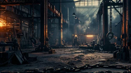 Foto op Plexiglas Dangling chains metal beams and glowing forges line the walls of the dimly lit workshop lending a gritty and industrial feel. The . . © Justlight