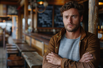 Obraz premium Portrait of a handsome rugged man standing in a bar during the day, bar owner concept