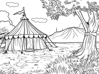 Vintage circus tent in field among nature. Raster, generative ai. Coloring book adults and children