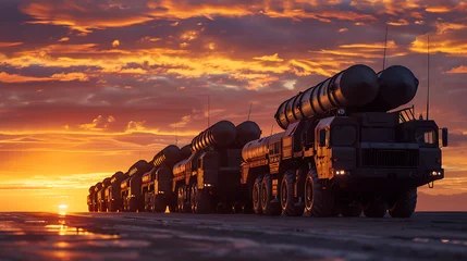 Fotobehang a line of military vehicles equipped with missiles, set against a dramatic sunset or sunrise. © DigitaArt.Creative