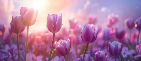 Foto op Canvas Arrange purple tulips together in front of the sky. Scene of spring. © Vusal