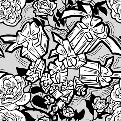Gift box, ribbon and flowers seamless pattern for wrapping present with bow, party celebration, sale promotion, Textile print, fabric design, banner background. Hand drawn illustration cartoon style.