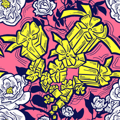Gift box, ribbon and flowers seamless pattern for wrapping present with bow, party celebration, sale promotion, Textile print, fabric design, banner background. Hand drawn illustration cartoon style.