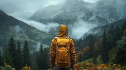 Fotobehang A man hiker with a yellow cape on his backpack in the mountains. A backpacker looks out at the mountains obscured by fog. Summer hike in the mountains. Traveling and hiking © Валерія Ігнатенко