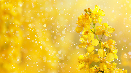 Bright close-up of yellow flowering plants, lots of pollen particles flying around in the air, often causing allergies.