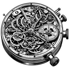 Old wristwatch with a complex mechanism. Sketch board imitation. Raster, generative ai.