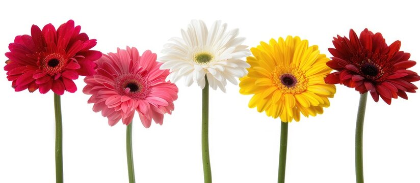 Colorful collection of Gerbera daisies isolated on a white background. Includes red, pink, yellow, white, and orange flowers. Captured in a studio setting.