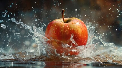 Red apple with water splashes on dark background, close up.