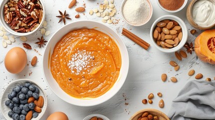 Cooking pumpkin pancakes batter on a white frying pan in a flat lay style