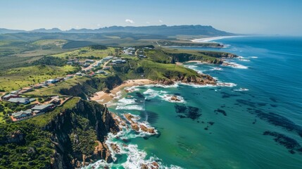 Fototapeta na wymiar A sprawling coastal landscape with crystal clear waters and sandy beaches contrasts against the vibrant greenery of the Garden Route. . AI generation.