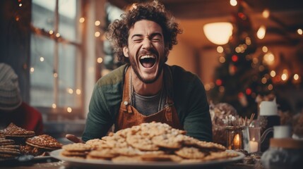 Joyful Man Laughing with Homemade Cookies During Holiday Season