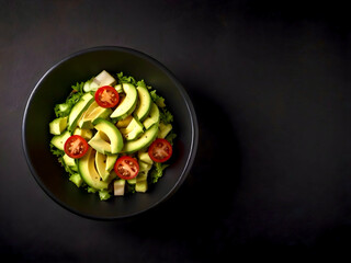 Sliced ​​avocado salad in a plate close up on a dark background