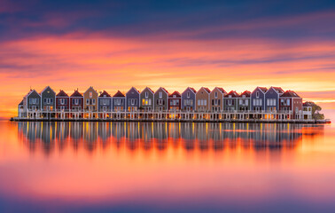 Houses above water, sunset sky, afterglow reflecting on lake