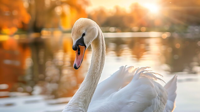 An elegant image featuring a graceful swan gazing directly at the camera with serene, piercing eyes, set against the tranquil backdrop of a serene lake.